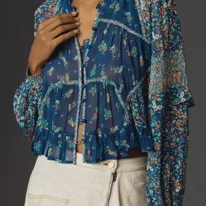 Floral Blue 100% Viscose Sheer Women's Top